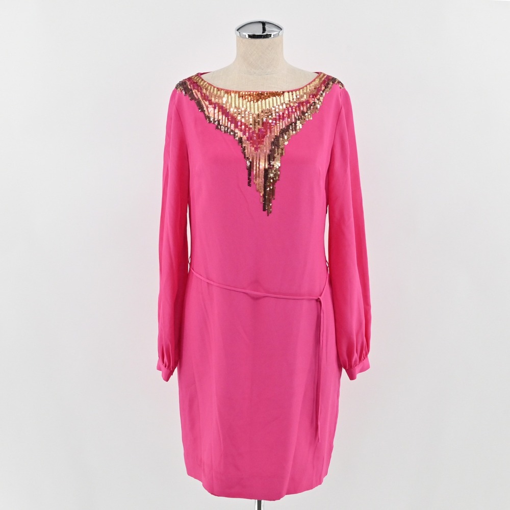 Trina Turk Silk Sequin Dress Womens Size 4 Pink Gold Belted Neckline Going Out